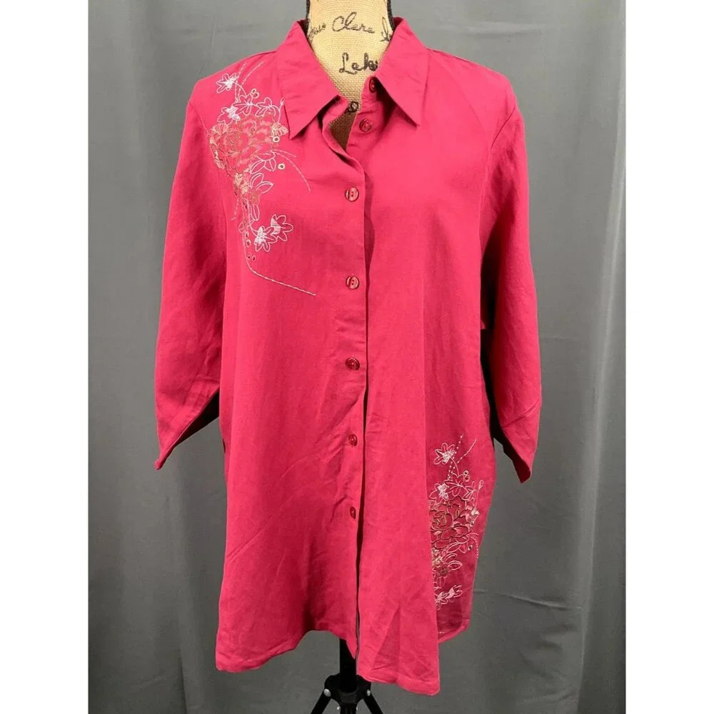 Avenue Top Women 22/24 Red Linen Floral Embroidery Button Up Ruched Sleeve Shirt